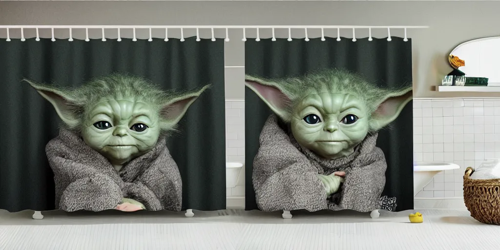 Image similar to a ( ( ( ( ( main coon kitten ) ) ) ) ) baby yoda themed shower curtain, shower curtain. product photography. product lighting. digital art. 4 k, highly detailed. saturated. baby yoda themed shower curtain.