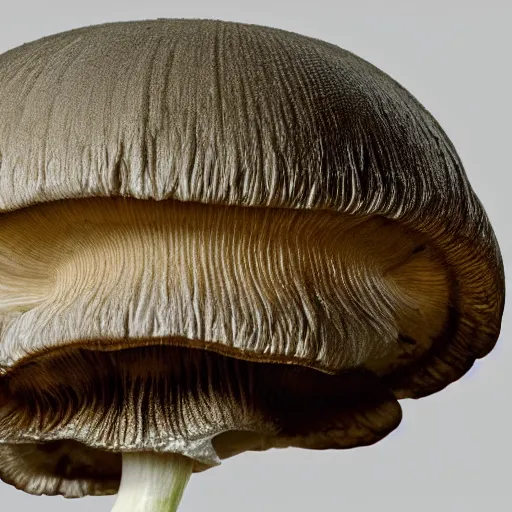 Image similar to beautiful roud mushroom cap, bottom view, luminous lamellae are clearly visible, no stipe, Giger, black background, hyper realism, epic composition