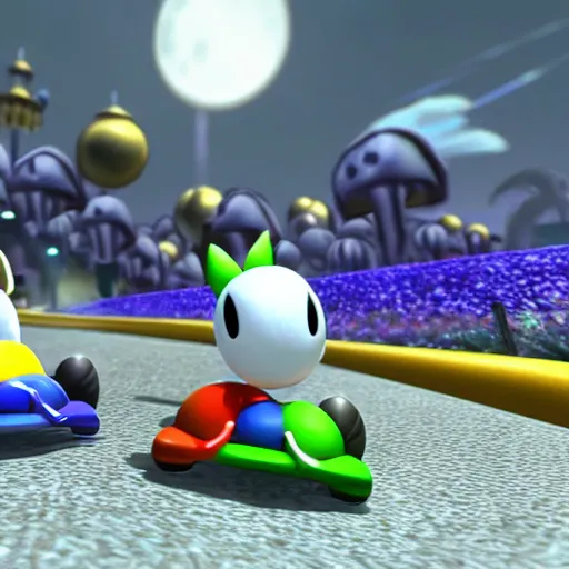 Prompt: hollow knight in mario kart, hd character model