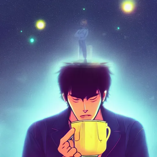 Image similar to A man drinking a cup of cosmic energy bright light by Masafumi Harada, 4k, digital art, surreal, anime style, space dandy style, highly detailed, godsend, artstation