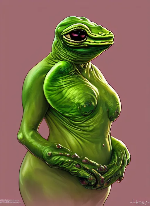 Image similar to slimy 4 chan pepe, drool, portrait, intricate, elegant, highly detailed, digital painting, artstation, concept art, wallpaper, smooth, sharp focus, illustration, art by h. r. giger and artgerm and greg rutkowski and alphonse mucha