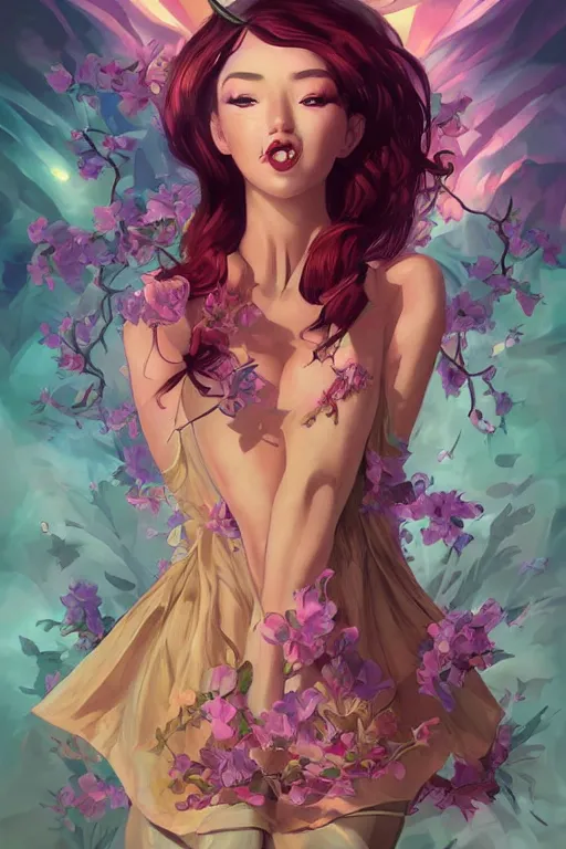 Image similar to Succubus in sundress portrait, by artgerm, WLOP and Ross Tran, blossoming geometric explosion from below