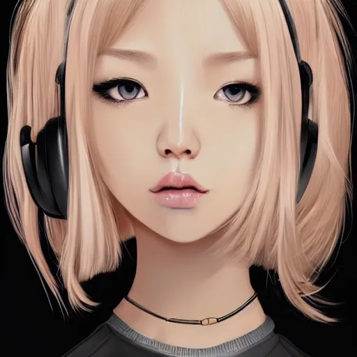 Prompt: realistic beautiful gorgeous natural cute Blackpink Lalisa Manoban blonde hair cute fur blonde cat ears, wearing camisole, wearing headphones, wearing black leather choker artwork drawn full HD 4K highest quality in artstyle by professional artists WLOP, Taejune Kim, Guweiz on Artstation Pixiv