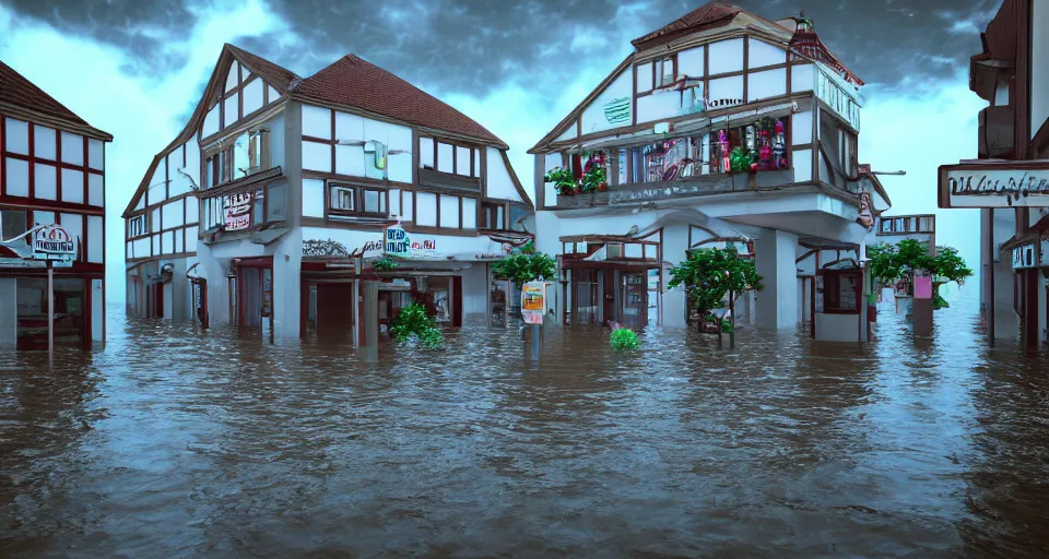 Image similar to 80s vaporwave outrun 3d Render of a german town being flooded, liminal space retro, grainy, noisy