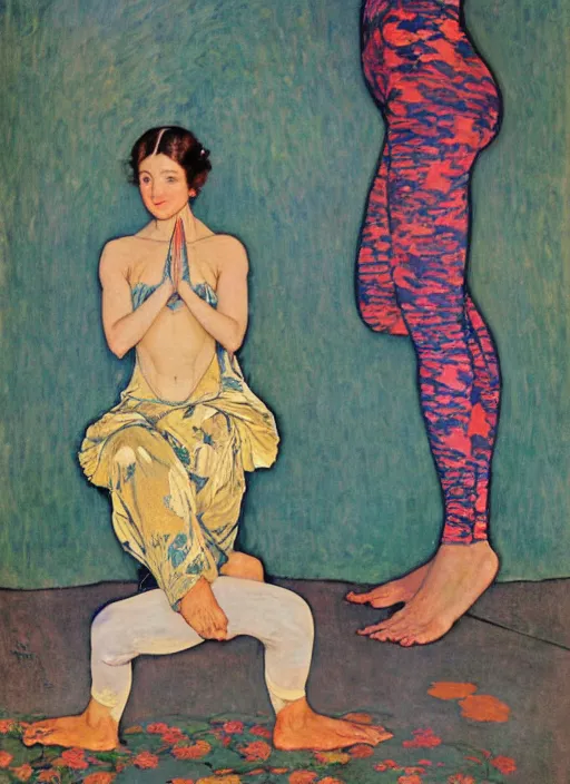 Prompt: an art nouveau painting poster of a girl doing yoga with a futuristic kimono and leggins in middle of a landscape by norman rockwell and monet