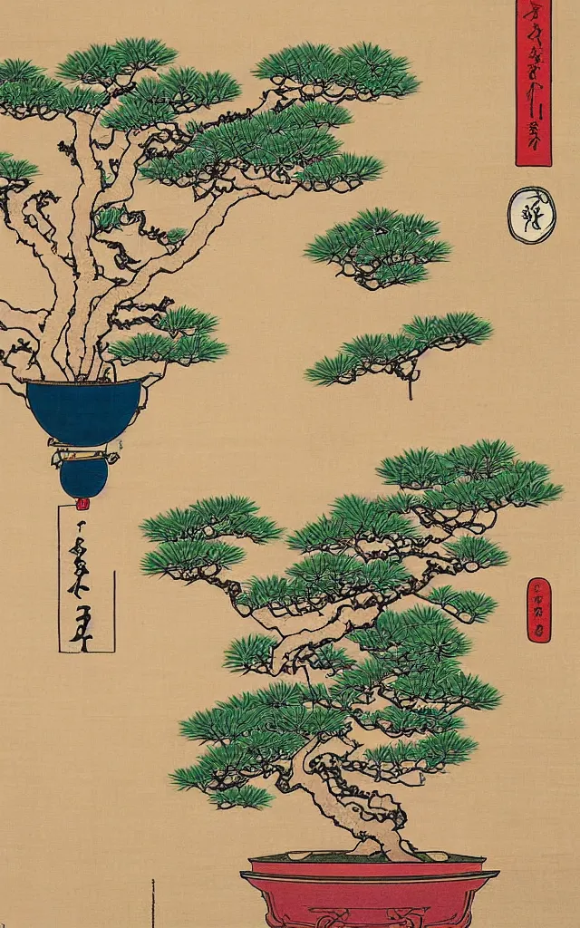 Image similar to an ukiyo-e banner depicting a bonsai tree inside a light bulb. The bonsai tree is on the base of the bulb. The bonsai tree has pink flowers on them.