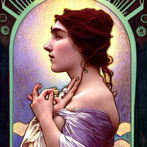 Image similar to florence pugh portrait by louis - theophile hingre and alphonse mucha, realistic, sharp focus, zodiac signs, tarot cards, planets, ethereal, art nouveau, magic, moon, sun, crown, dreamy, royal, jewellery