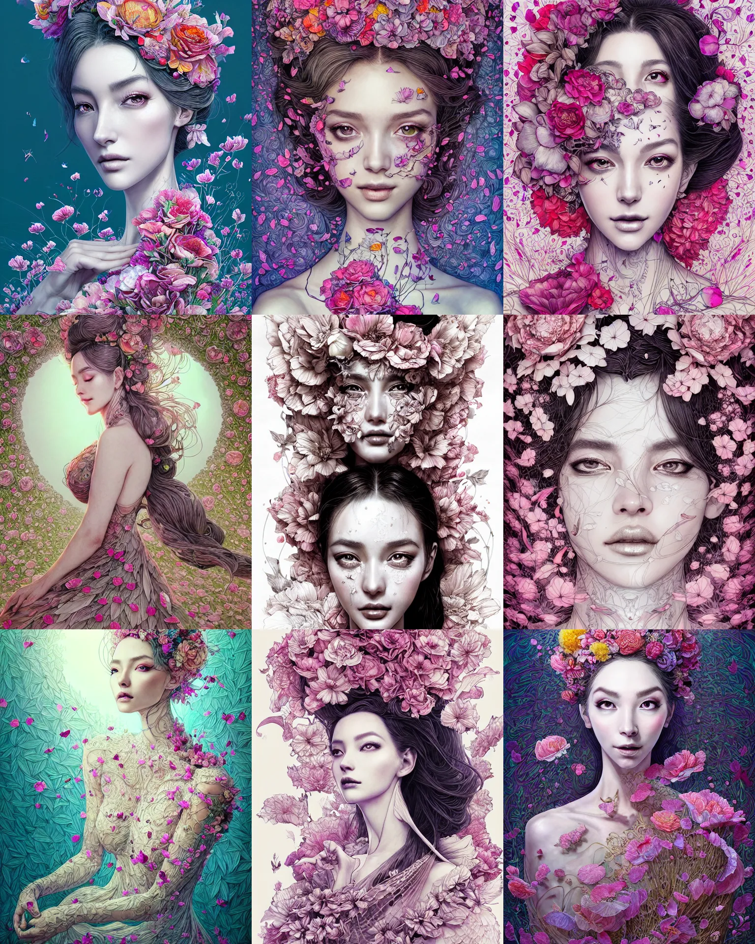 Prompt: the portrait of an absurdly beautiful, graceful, elegant, and perky woman made of petals, an ultrafine detailed illustration by vania zouravliov, rossdraws, stanley artgerm lau, intricate linework, bright colors, final fantasy, behance contest winner, angular, unreal engine 5 highly rendered, global illumination, radiant light, detailed and intricate environment