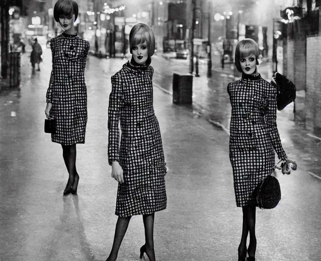 Prompt: 1960s fashion photography of twiggy in a checkered dress on the streets of London photographed by Annie Leibovitz, nighttime!!, flash photography, raining!, colorful, photorealistic, atmospheric,