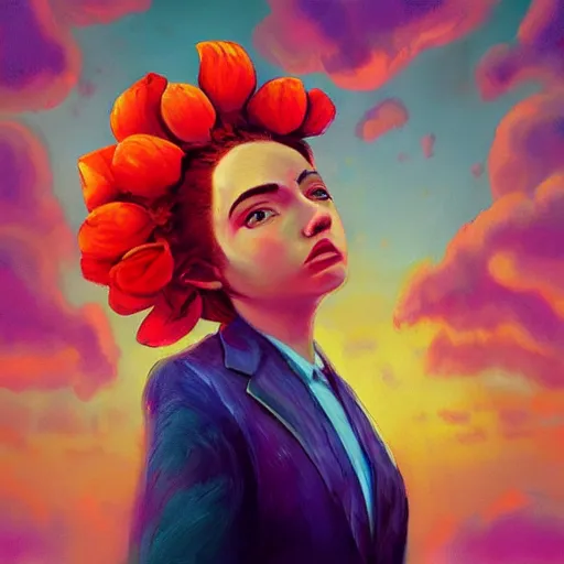 Image similar to portrait, giant rose flower head, girl in a suit, surreal photography, sunrise, blue sky, dramatic light, impressionist painting, digital painting, artstation, simon stalenhag