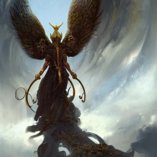 Prompt: full body shot of a male god with feathered wings on his shoulder, standing in front of a gate, digital art by raymond swanland and peter mohrbacher, 8 k,