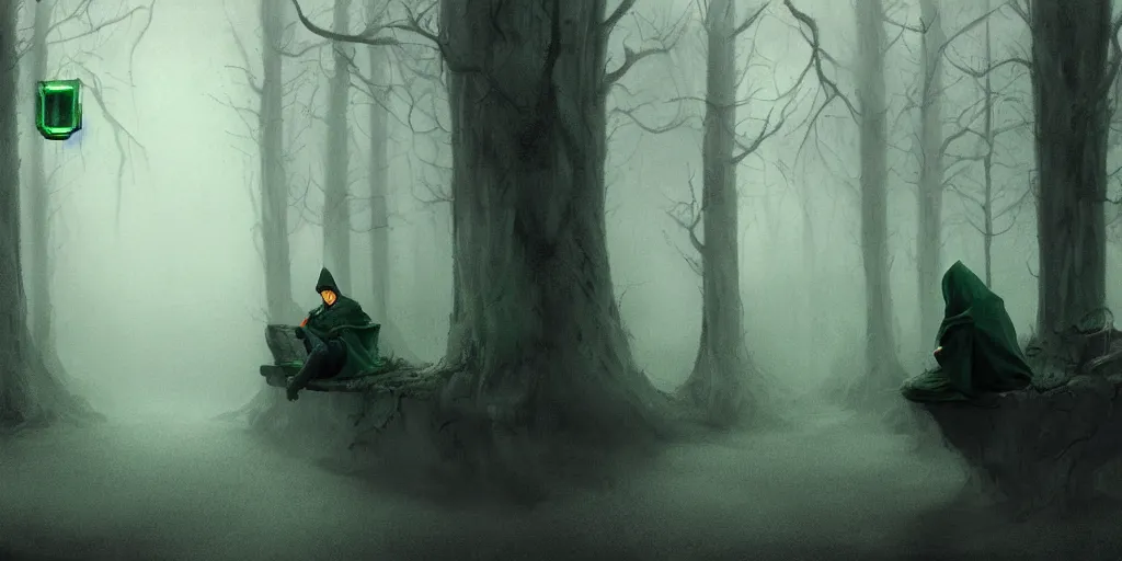 Image similar to guy wearing dark green hoodie sitting at bus stop, environment, dark tv show style, foggy, movie still, spooky, epic scene, cinematic, art by peter mohrbacher, tsutomu nihei and zdzisław beksinski, 4 k, realistic