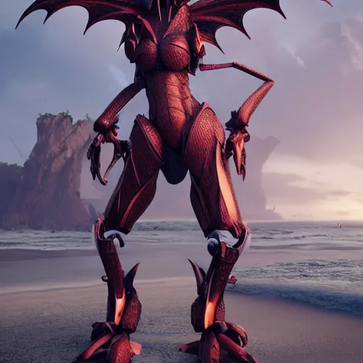 Prompt: a highly detailed beautiful anthropomorphic robot female dragon with smooth and streamlined armor, standing and posing elegantly, showing a well detailed head, with sharp claws on her hands and feet, two arms, two legs, long tail, on the beach, artstation, DeviantArt, professional, octane render