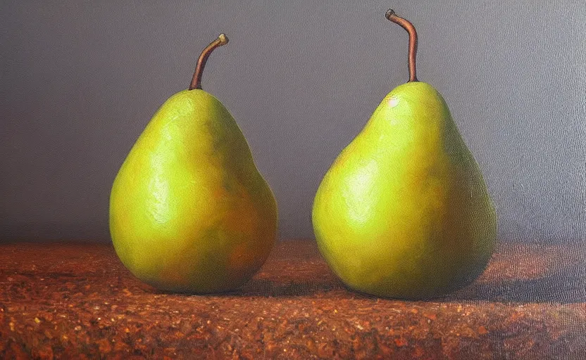 Prompt: a hyper-realistic oil painting of a pear; hyper-detailed; an extraordinary masterpiece!!!; flawless; trending on artstation