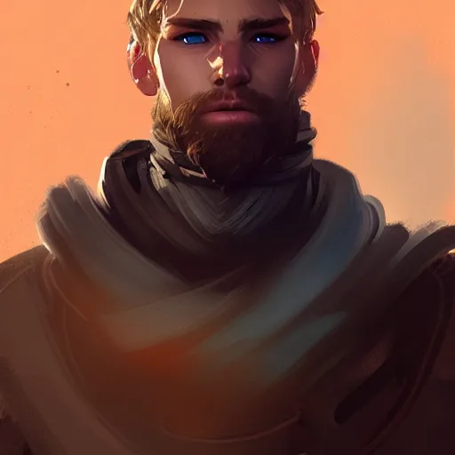 Image similar to a rugged young knight with blonde hair and blue eyes and a short beard and a scar under his left eye by Greg_Rutkowski, realistic, detailed, masterpiece, ArtStation