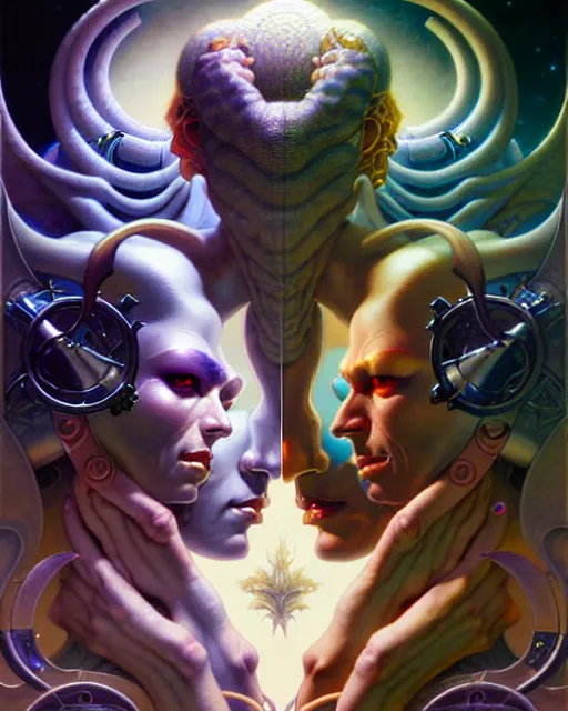 Image similar to beautiful gemini good and evil fantasy character portrait, ultra realistic, wide angle, intricate details, the fifth element artifacts, highly detailed by peter mohrbacher, hajime sorayama, wayne barlowe, boris vallejo, aaron horkey, gaston bussiere, craig mullins