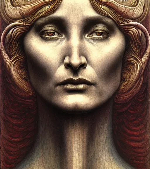 Image similar to detailed realistic beautiful young alien robot jessica lange as queen of mars face portrait by jean delville, gustave dore and marco mazzoni, art nouveau, symbolist, visionary, gothic, pre - raphaelite. horizontal symmetry by zdzisław beksinski, iris van herpen, raymond swanland and alphonse mucha. highly detailed, hyper - real, beautiful