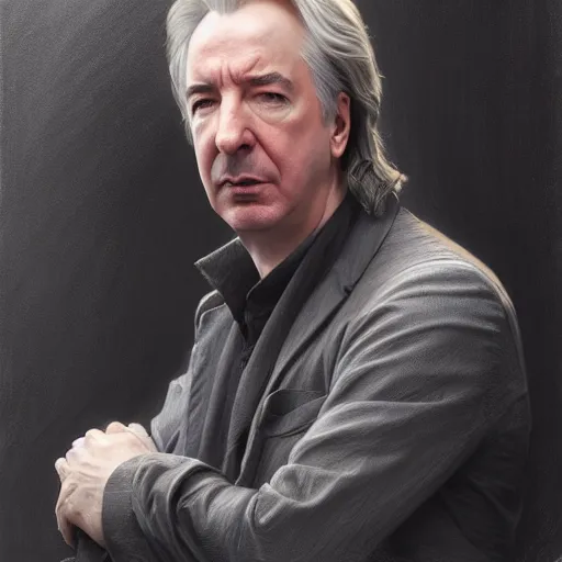 Image similar to portrait of Alan Rickman, detailed, centered, digital painting, artstation, concept art, by donato giancola, Sean Yoro, Greg Rutkowski, trending on Artstation, Joseph Christian Leyendecker, WLOP, Boris Vallejo, dark, moody, foggy