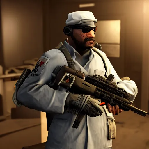 Image similar to Team Fortress medic in Call of Duty black ops, highly detailed, high quality, HD, 4k, 8k, Canon 300mm, professional photographer, 40mp, lifelike, top-rated, award winning, realistic, sharp, no blur, edited, corrected, trending