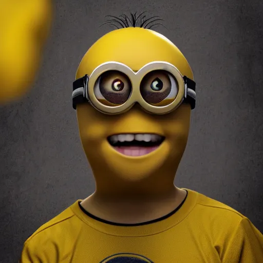 Image similar to portrait of realistic minion human hybrid, photoreal yellow human with minion face, realistic, hyper detailed, leica, 2 4 mm lens