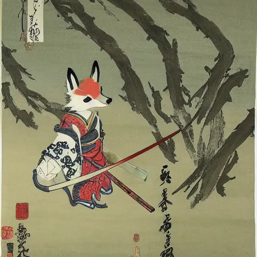 Image similar to samurai fox with a katana. sakura forest in the background. old japanese painting. fresco