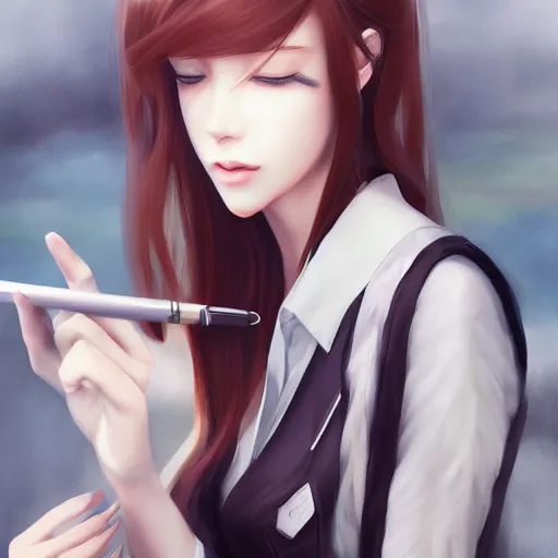 Image similar to kurisu makise, elegant, ultra highly detailed, digital painting, smooth, sharp focus, artstation, top-down shot, art by Ina Wong