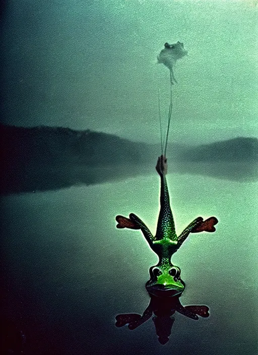 Image similar to “unicorn frog vertically hovering above misty lake waters in jesus christ pose, low angle, long cinematic shot by Andrei Tarkovsky, paranormal, eerie, mystical”