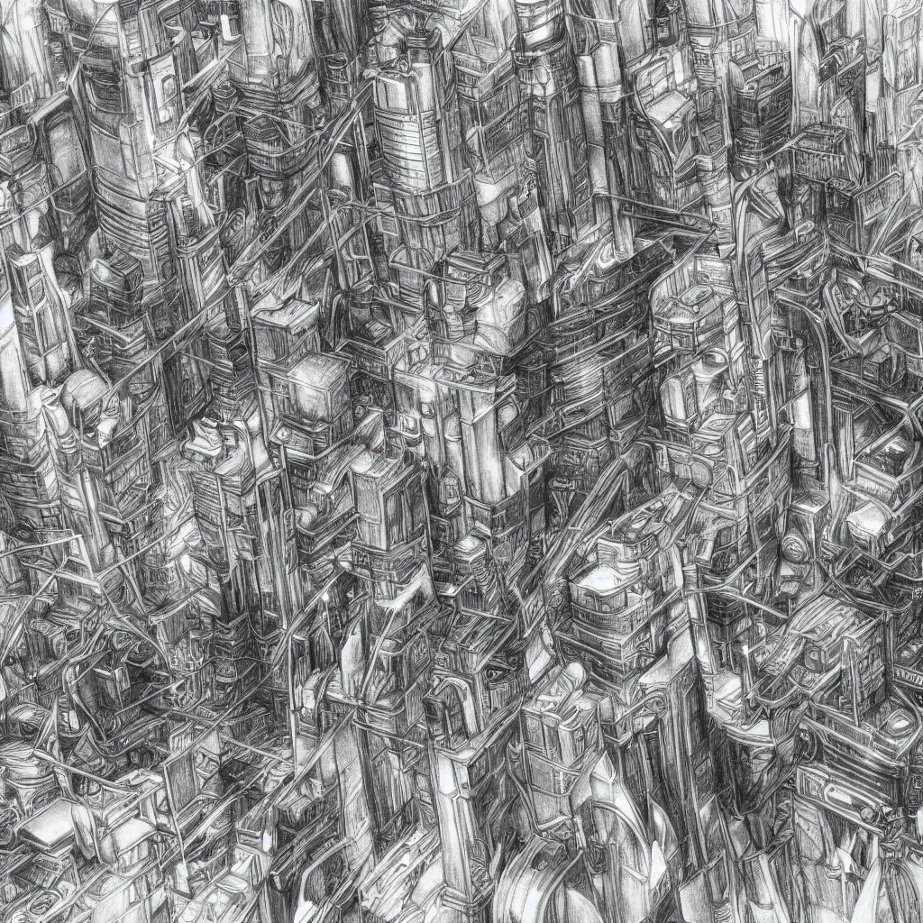 Prompt: detailed pencil drawing of a futuristic anime cityscape