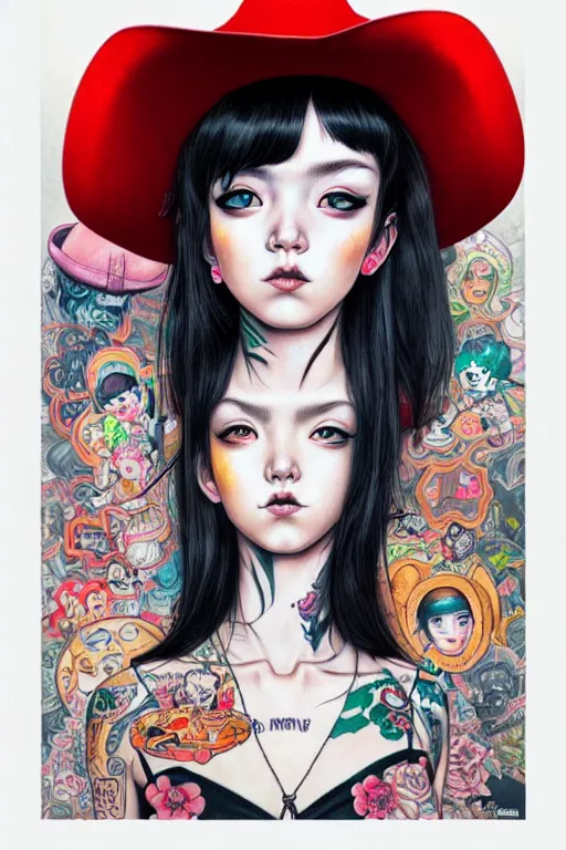 Image similar to full view of girl with tattoos wearing cowboy hat, style of yoshii chie and hikari shimoda and martine johanna, highly detailed