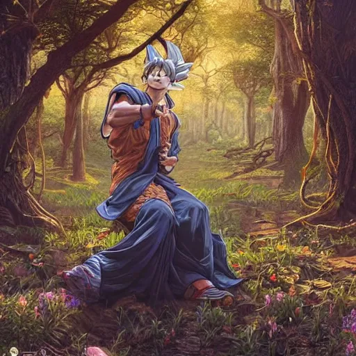 Image similar to intricate detailed portrait painting of goku on a beautiful forest meadow, temple ruins surrounded by lush forest, afternoon, intricate, elegant, highly detailed, digital painting, sharp, focus, illustration art by artgerm and greg rutkowski and alphonse mucha