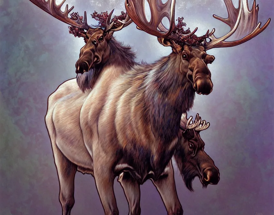 Image similar to a beautiful and very detailed painting of great ethereal moose with silver antlers by artgerm and greg rutkowski and alphonse mucha, 8 k