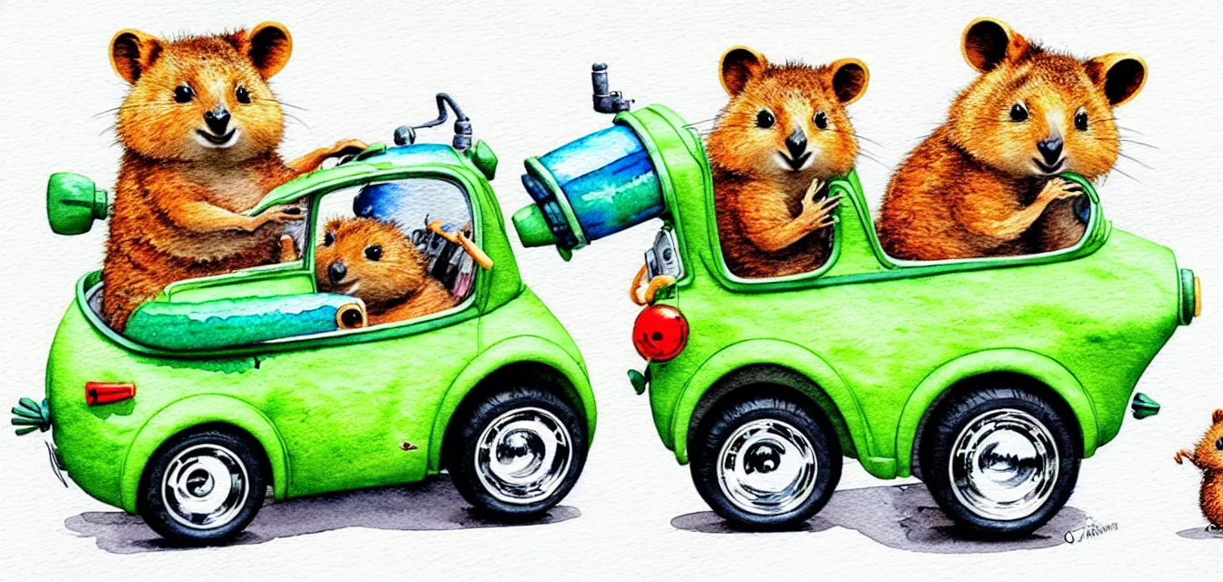 Image similar to cute and funny, quokka riding in a tiny hot rod with oversized engine, ratfink style by ed roth, centered award winning watercolor pen illustration, isometric illustration by chihiro iwasaki, edited by range murata, tiny details by artgerm and watercolor girl, symmetrically isometrically centered