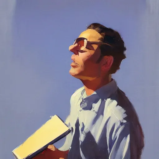 Prompt: greg manchess mid century album cover featuring a man with a notebook, medium shot, asymmetrical, profile picture, organic painting, sunny day, soft colors, matte painting, bold shapes, hard edges, street art, trending on artstation, by huang guangjian and gil elvgren and sachin teng