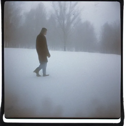 Prompt: photograph of a man sleepwalking during a blizzard, 8 0 mm film