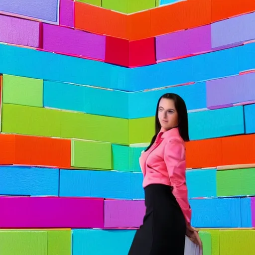 Prompt: young woman in business attire fitting brightly colored blocks into holes of varying shapes, stock photo, highly detailed, photorealistic, 4k, 35mm