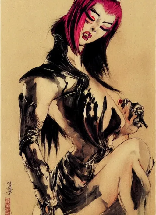 Image similar to portrait of bald korean vampiress, strong line, saturated color, beautiful! coherent! by frank frazetta, high contrast