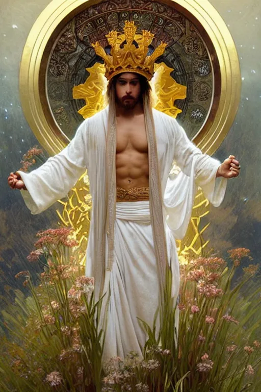 Image similar to a god wearing white clothes and golden crown, muscular, flowers, amazing, tarot art, painting by greg rutkowski and alphonse mucha