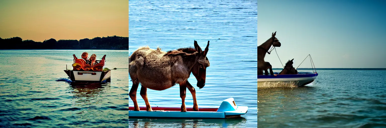 Prompt: a donkey pedaling on a pedal boat on the sea, HD photograph, bokeh, peaceful