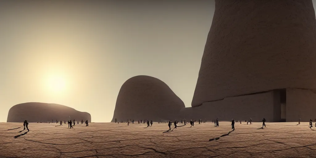 Image similar to an enormous monolithic alien building in the desert, a large line of people are walking toward it starting at the foreground and ending at the building, single file, in the foreground on a rock is an alien creature catching a fly with its tongue, two suns are in the sky, clear skies, volumetric light, hyperdetailed, artstation, cgsociety, 8k