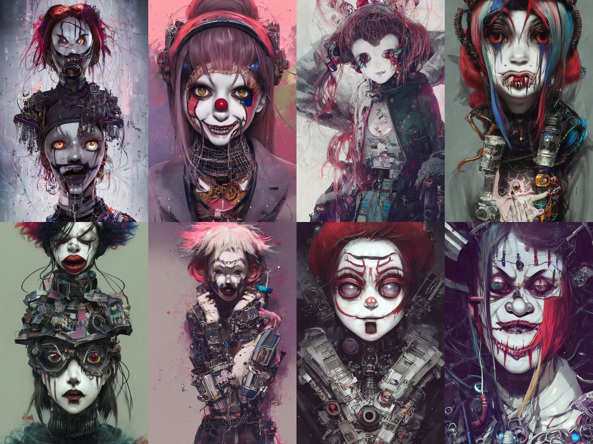 Image similar to by kyoto animation, very creepy clown girl, wearing cyberpunk intricate streetwear, beautiful, detailed portrait, intricate complexity, ilya kuvshinov, cell shaded, 4 k, concept art, by wlop, ilya kuvshinov, artgerm, krenz cushart, greg rutkowski, sharp focus, volumetric lighting, cinematic lighting, studio quality