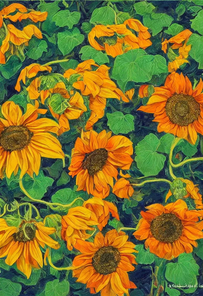 Image similar to contest winner, fine artwork about sunflower and falling nasturtiums with vines