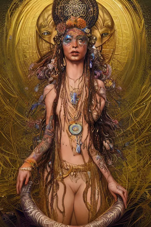 Image similar to a centered render of an mytical festival hippy with tribal tattoos wearing intricate metallic clothing surrounded by a underwater ink pour and flowing liquid gallium and sacred geometry, perfect body and face, gorgeous, cinematic, beautifully lit, by yoann lossel, by karol bak, by donato giancola, 3 d, trending on artstation, octane render, 8 k