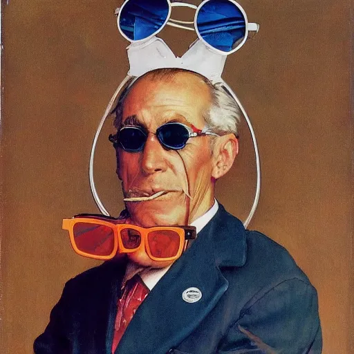 Prompt: a Norman Rockwell painting of a man wearing cheap sunglasses, bright plastic n9