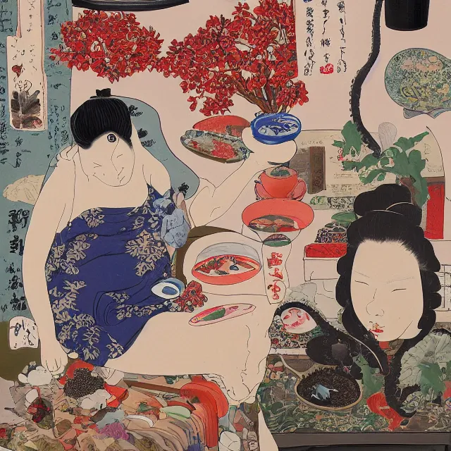 Prompt: a portrait in a female artist's apartment, a woman holding berries, herbs, great wave or kanagawa, japanese pottery vase with australian wildflowers, a brain, smokey burnt love letters, candles, feminine, organic, octopus, squashed berries, pancakes, black underwear, neo - expressionism, surrealism, acrylic and spray paint and oilstick on canvas