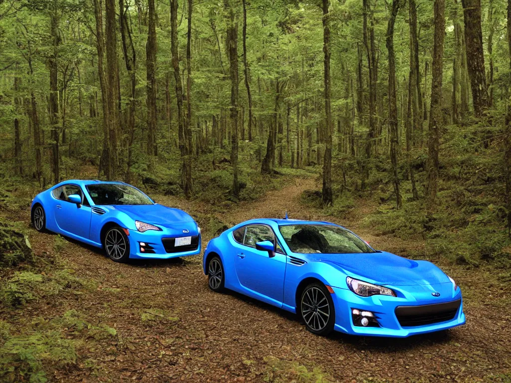 Image similar to subaru brz in a forest by studio ghibli