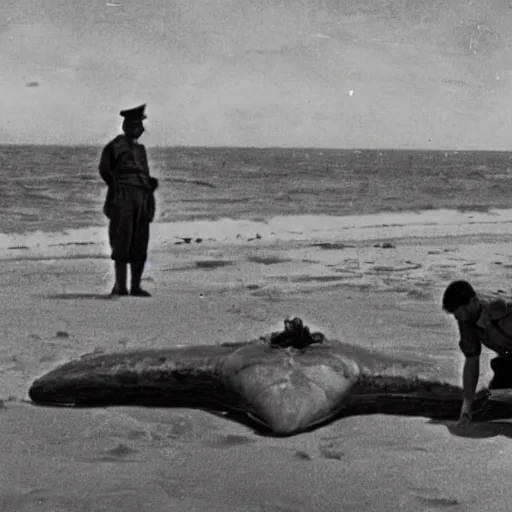 Prompt: 1940s photo, long shot, soldiers examine a huge creature washed up on a beach.