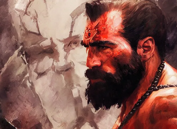 Image similar to a highly detailed beautiful portrait of john travolta as kratos, by gregory manchess, james gurney, james jean