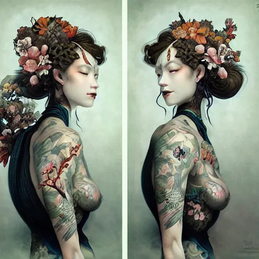 Image similar to ultra realistic, beautiful mixed woman with tattoos, wearing a kimono, japanese inspired, in the style of peter mohrbacher by weta digital and beth cavener, intricate, masterpiece, award winning, intricate