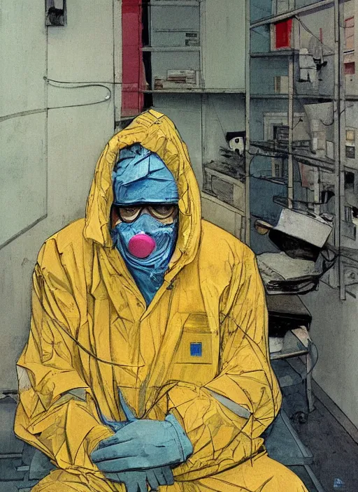 Image similar to an exhausted doctor in a hazmat suit, inside an old Romanian hospital room,. intricate artwork, 8k, Illustration by Alex maleev, James Jean, Adrian Ghenie and Francis Bacon, highly detailed, very coherent, rich colours