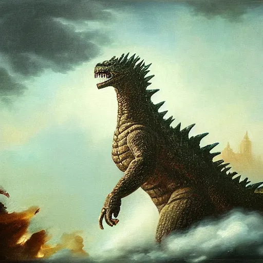 Prompt: neoclassical oil painting of godzilla
